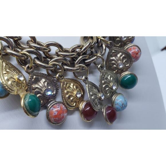 Double Chain Choker Faux Gem Rhinestones Dangle Charms Chunky 10k Gold Plated - Picture 3 of 11